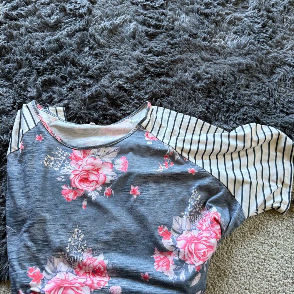 SHEIN Gray Floral and Striped Blouse